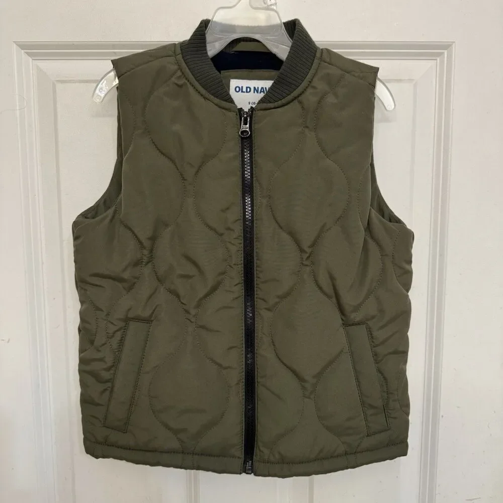 Old Navy Jacket Youth 6-7 Olive Green Vest Full Zip Mock Neck Pockets Quilted